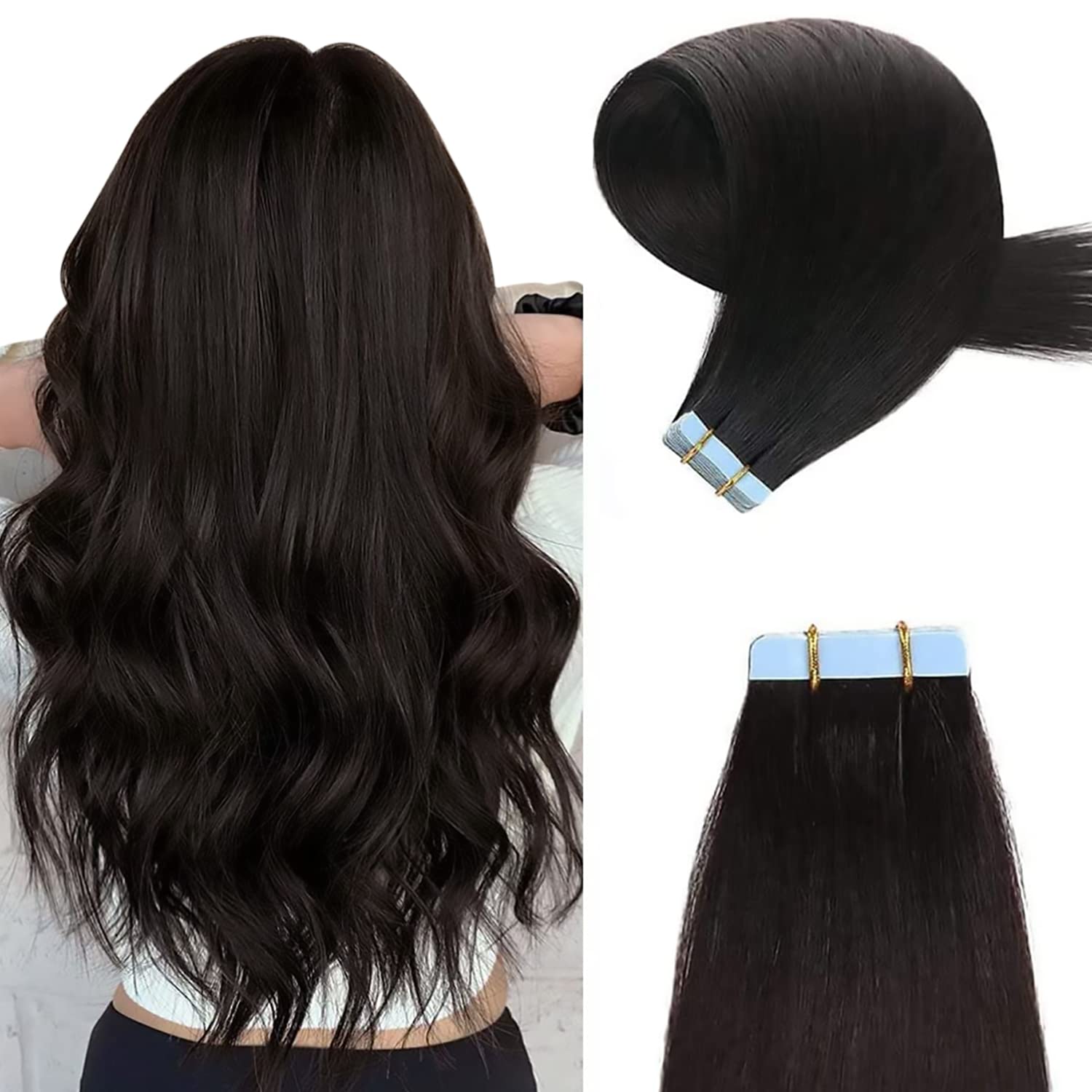 YILITE Tape Hair Extensions - Off Black, 20 inches, 20pcs, 50g/pack, Invisible, Straight, Seamless, Skin Weft, Remy, Silky, Real Human Hair