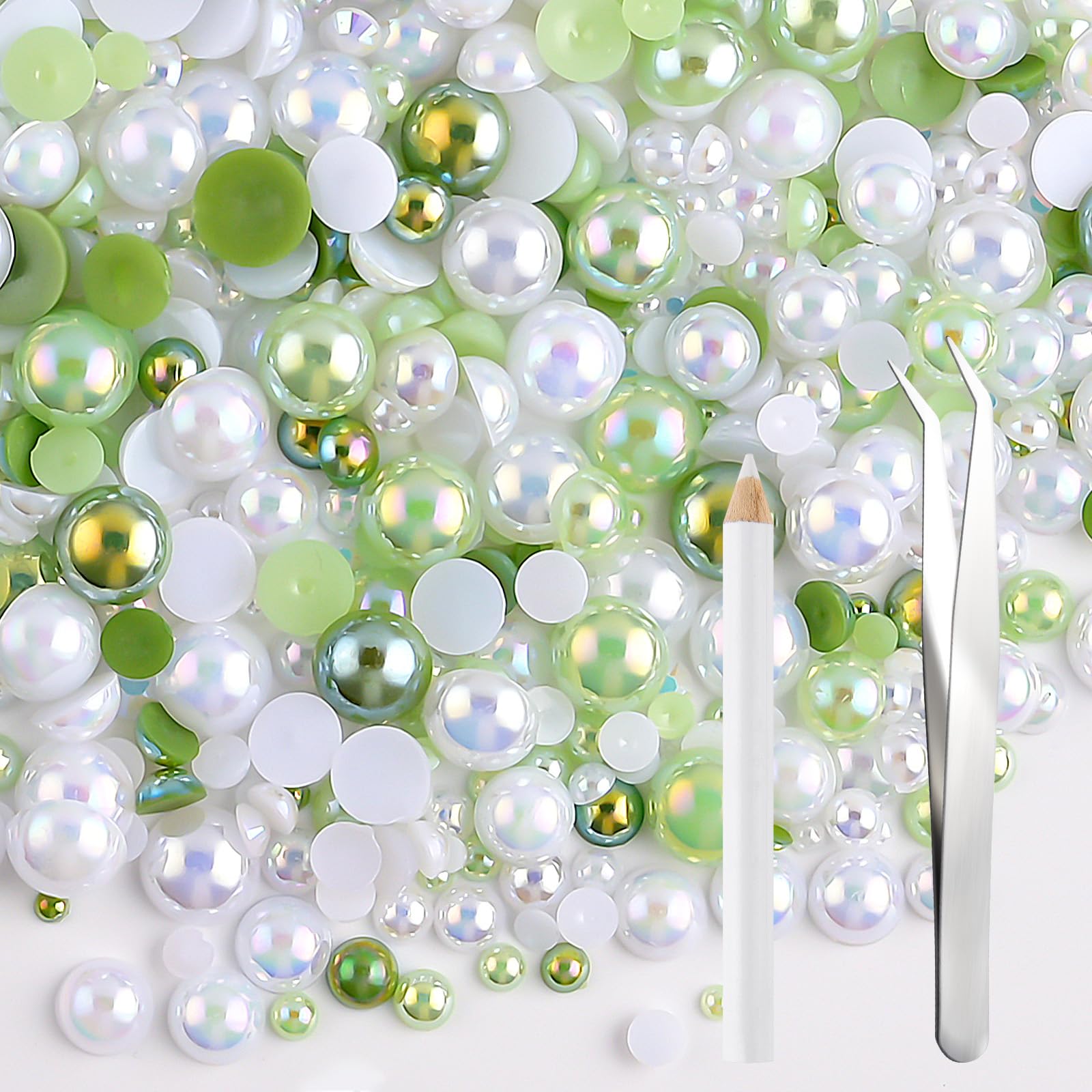 NACHLYNN 60g Mix Pearls and Rhinestones for Crafts Flatback Rhinestones Half Round Mixed Size 3mm-10mm Flatback Pearls for Crafts DIY Nail Art Shoes Clothes Tumblers Mugs (Green White)