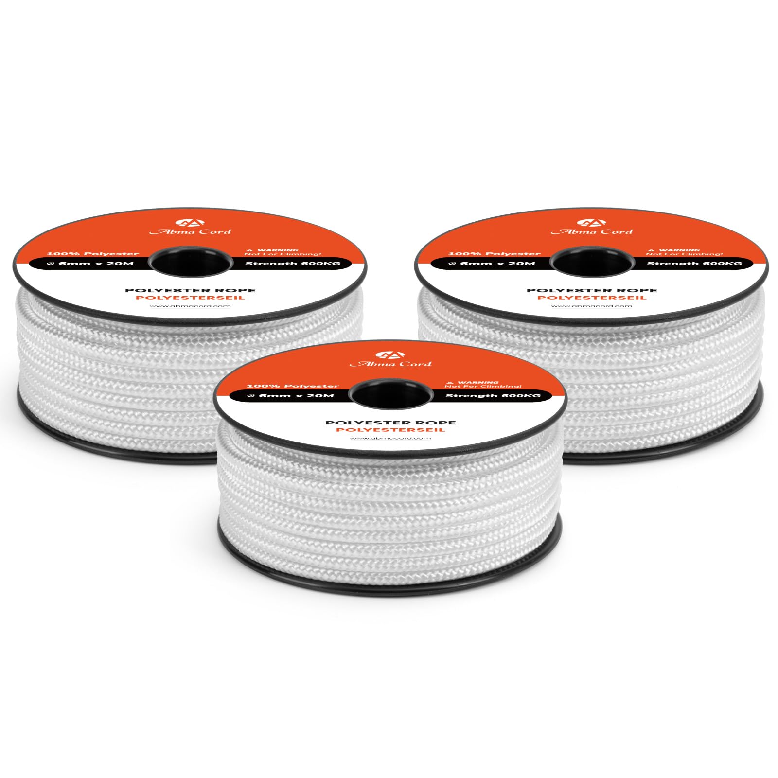 Abma Cord Polyester Cord 6mm x 20m Braid Polyester Rope, White - Heavy Duty & Low Stretch - High UV & Abrasion Resistance