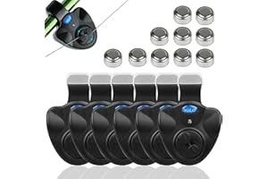 Coolnice 6 Packs Fishing Bite Alarm with Bonus 10 Batteries Sensitive Electronic Indicator LED Sound Alert On Fishing Rod with Loud Siren Suitable for Daytime Night Fishing Outdoor Carp