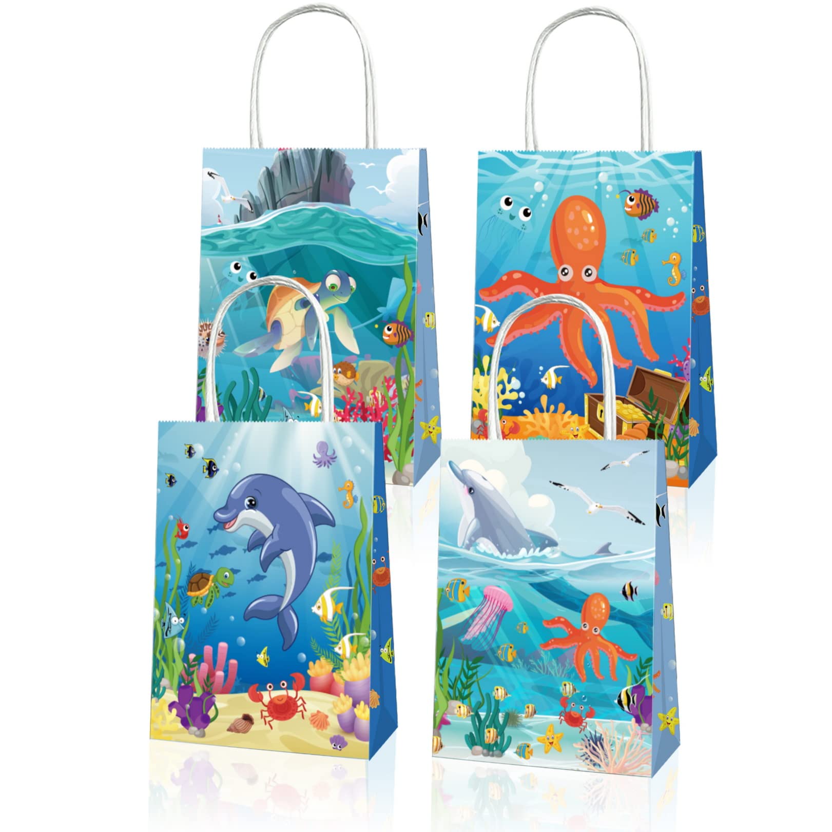 Sehaby 12 Pack Ocean Theme Party Favor Bags, Dolphin Party Gift Bags, Underwater World Creatures Print Party Goodie Bags, Octopus Pattern Paper Bags, Birthday Party Candy Bags with Handle