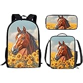 Mumeson Horse Sunflower Backpack Set for Women Girls Teen School, Big Capacity Bookbag Rucksack with Insulated Lunch Bag and Small Pencil Case, 3 Piece Back to School Supplies Set