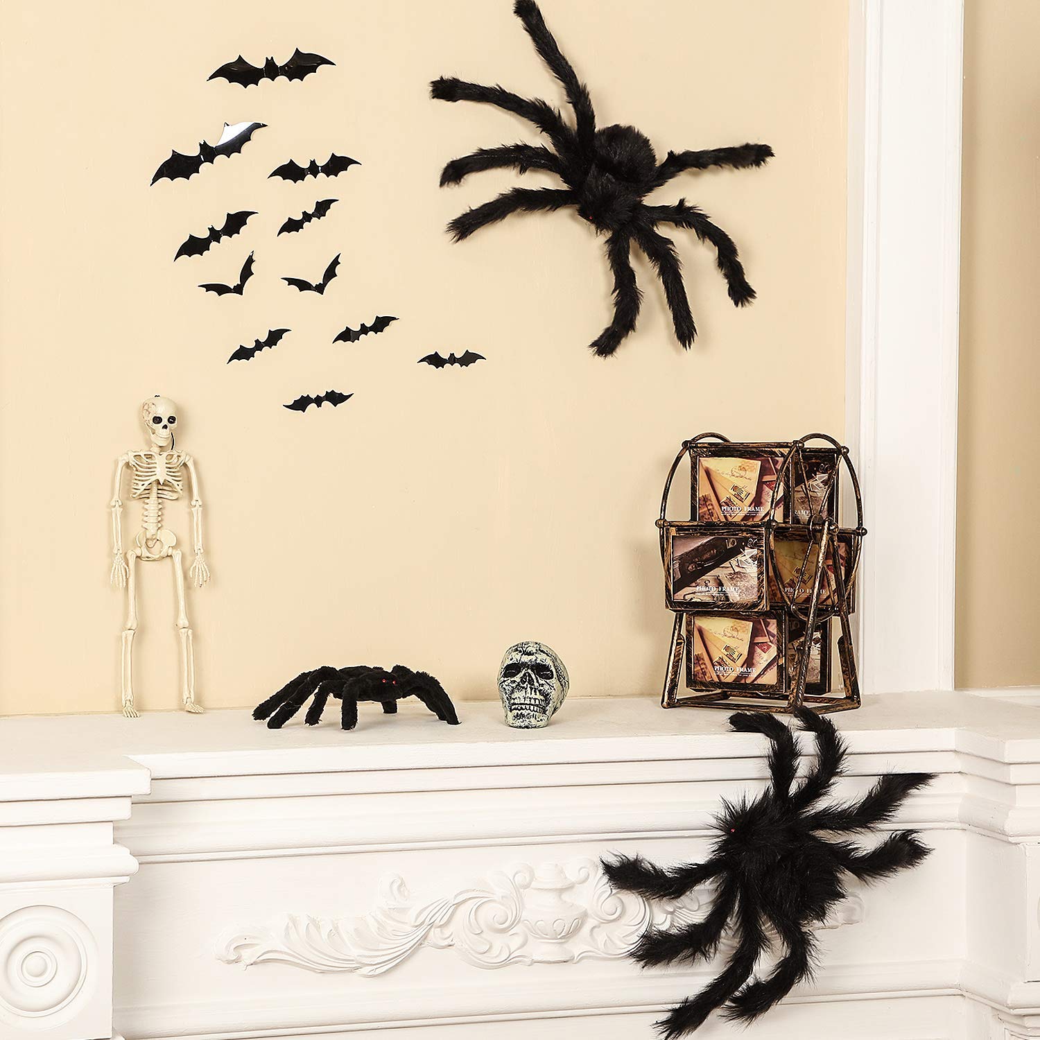 3 Pack Halloween Giant Spider Set, Large Fake Spider Realistic Hairy Spiders Halloween Indoor and Outdoor Yard Decoration, Creepy Black Spiders Comes With 24pcs Small Size Halloween Bat Kit for Gift