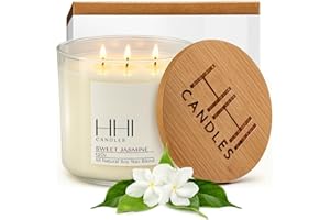 HHI CANDLES HHI All-Natural Scented Soy Candle | Sweet Jasmine | A Fresh Blend of Chamomile, and Cedar | Large 12 Ounce 3 Wick | Long Burn time | Includes Bamboo Lid and Gift Box