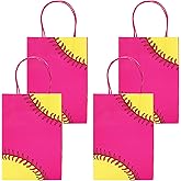 JarThenaAMCS 24Pcs Softball Paper Gift Bag Hot Pink Yellow Sport Ball Treat Bags with Handles Candy Goodie Bags for Softball Theme Birthday Baby Shower Party Favors Supplies
