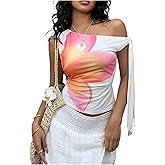 Milumia Women Floral Going Out Tops Asymmetrical Neck One Off The Shoulder Tee Shirts