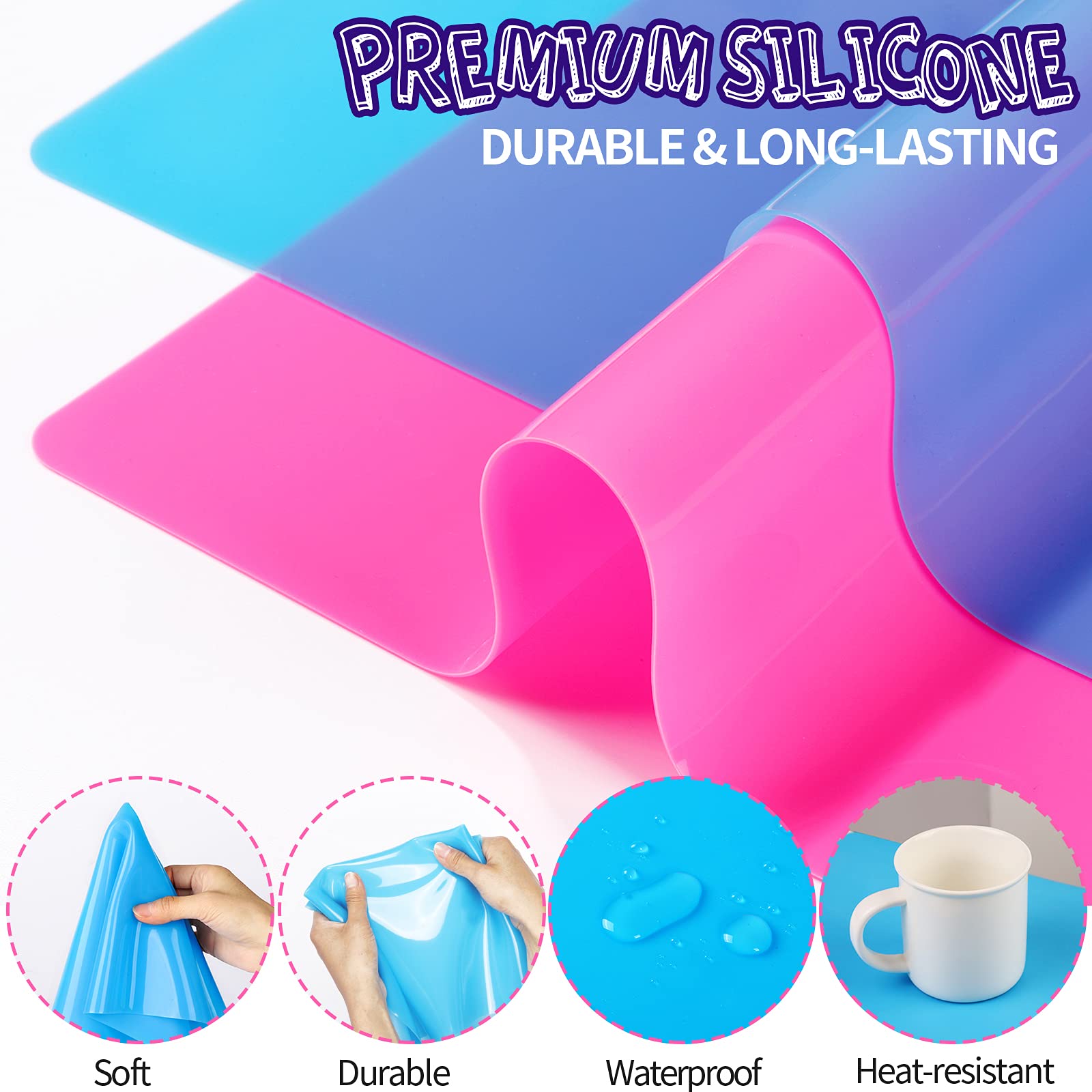 LEOBRO A3 Large Silicone Sheet Craft Jewelry Casting Mat Premium Silicone Placemats Multipurpose Mat Non-Stick Non-Slip Heat Resistant Blue/Rose Red (15.7 x 11.7 inch) 2 Pack