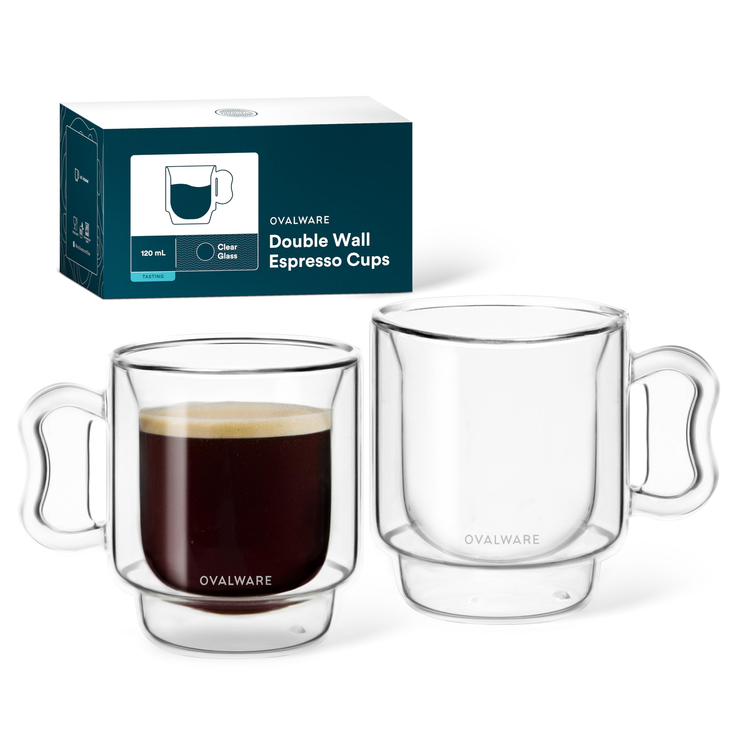 ovalware RJ3 Espresso Coffee Cups 4oz/120ml (Set of 2) Double-Walled Cup w/Solid Butterfly Handle - Elegant Borosilicate Espresso Shot Mug - Stackable Insulated Transparent Demitasse