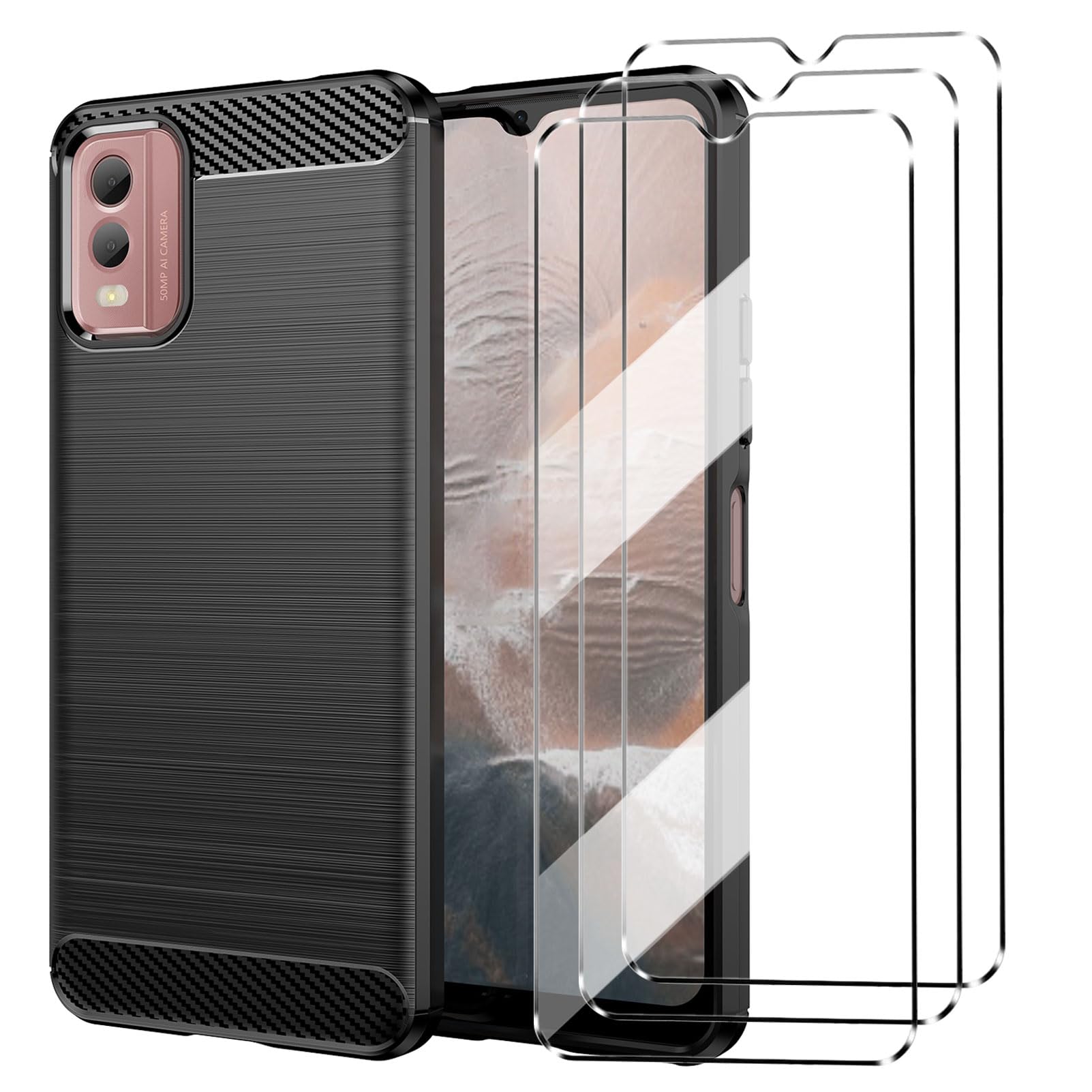 HuiYouMY [4 in 1] Case Compatible with NOKIA C32 Cover with 3 Pack Tempered Glass Screen Protector for NOKIA C32, Slim Fit Soft TPU Shockproof Anti-Scratch Phone Case Cover - Black