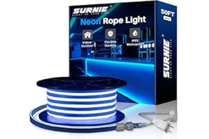 SURNIE 50ft LED Neon Rope Lights - 110V Flex Blue Neon Light Outdoor Waterproof - DIY Neon Strip Lights for Bedroom, Flexible Cuttable Connectable Indoor Outdoor, Commercial Building Use
