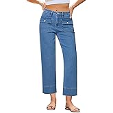 GRAPENT Wide Leg Jeans for Women Trendy High Waisted Straight Leg Cropped Stretchy Denim Pants with Retro Patch Pockets