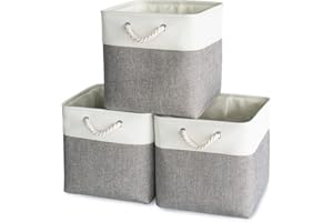 HOdo Home Fabric Storage Bin with Drawstring Closure and 2 Bold Handles, Collapsible Large Canvas Storage Baskets for Organizing Shelf Nursery Home (White&Grey, 13L×13W×13H - 3Pack)
