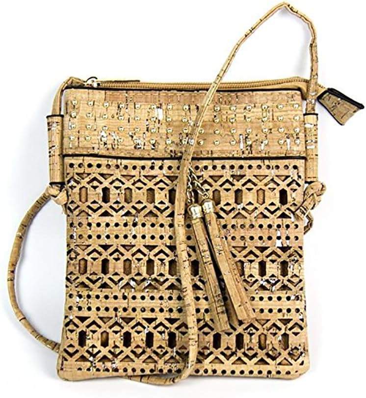Body Cross Women Messenger Cork Bags, Natural Cork Handmade Body Cross Bag, Waterproofing Waxy Substance 100% Cork Sustainable(Sliver And Gold Rivets And Tassels) - Bag-280 - (Ecorcho)