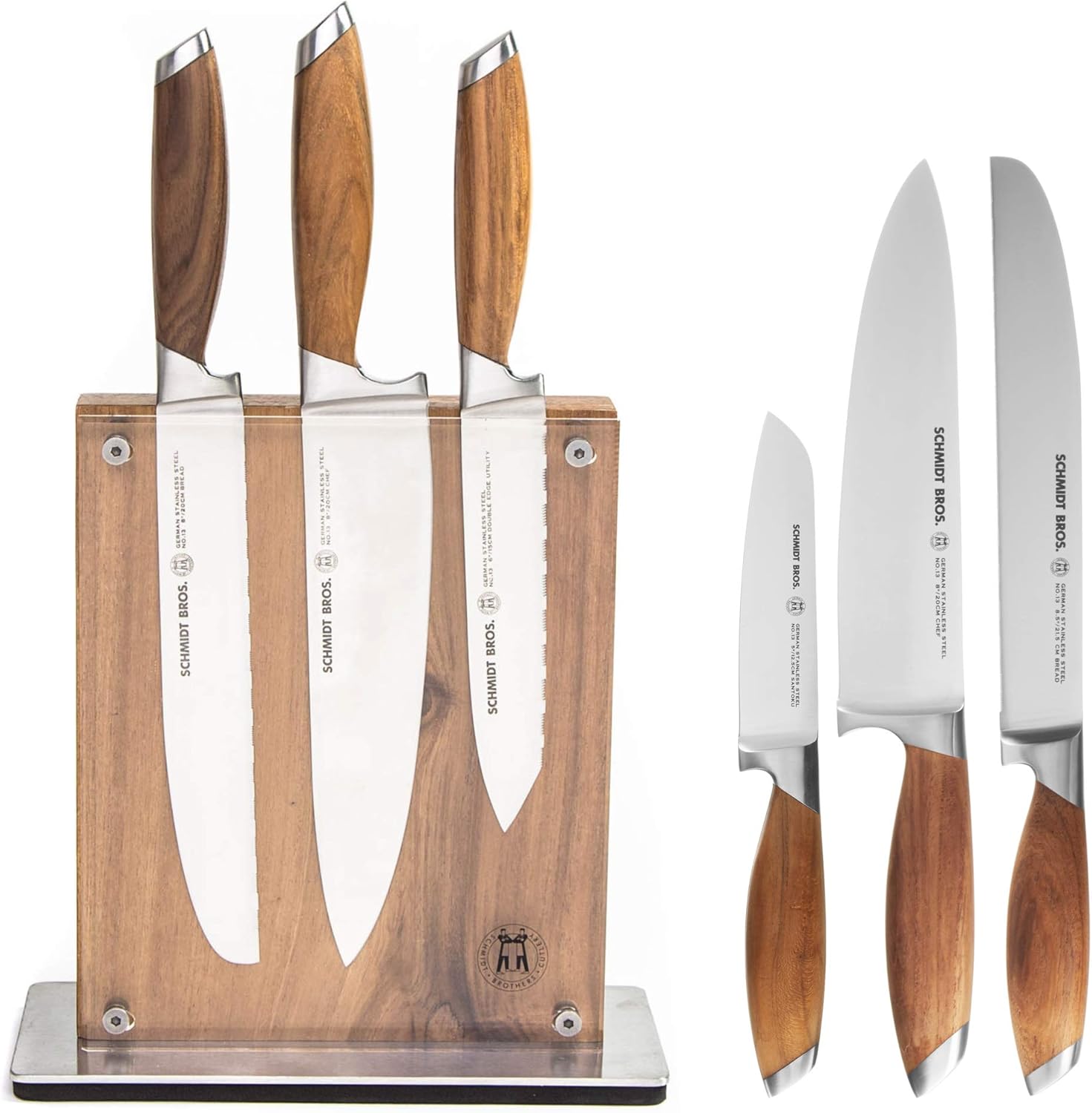 Amazon Com Schmidt Brothers Bonded Teak 7 Piece Knife Set High Carbon Stainless Steel Cutlery With Midtown Acacia And Acrylic Magnetic Knife Block Kitchen Dining