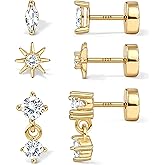 S925 Sterling Silver Flat Back Earrings for Women Hypoallergenic - 14K Gold Plated Flatback Stud Earrings Cartilage Helix Tragus Conch Piercing Jewelry 3 Pairs Dainty CZ Butterfly Studs