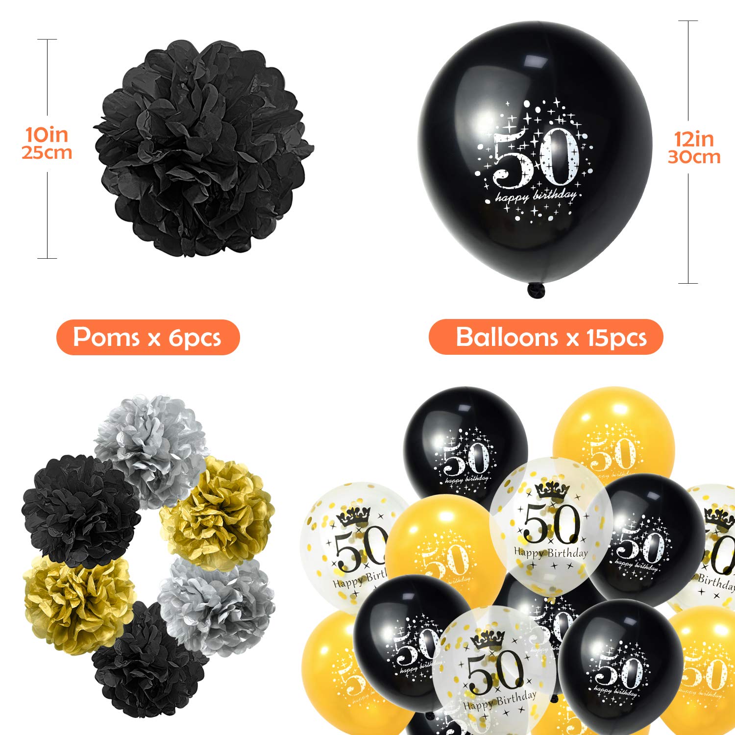 ZukoCert 50th Birthday Decorations Kit Gold Glittery Happy Birthday Banner,6 Pcs Paper Pom Poms,15 Pcs 50 Years Balloons,12 Pcs Sparkling Hanging Swirl Celebrate for 50th Anniversary Decorations Party Supplies