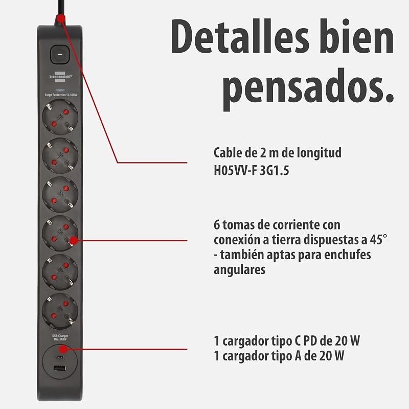 Regleta de enchufes Brennenstuhl de 6 tomas con USB y protección contra sobretensiones (regleta múltiple con 1x USB C PD 20 W para carga rápida y 1x USB A 20 W, interruptor, cable de 2 m) negro