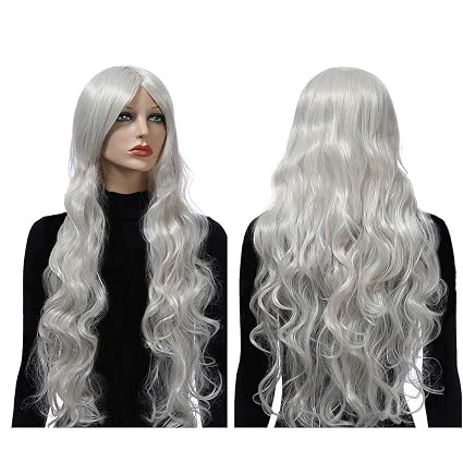 Wigood 32 Silver Long Curly Hair With Side Blunt Bangs Cos Anime
