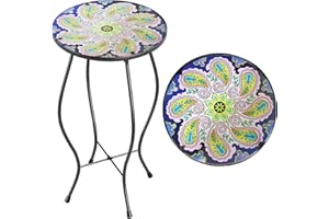 Paytonture Patio Side Table Outdoor Mosaic Table Accent Coffee Table,Plant End Table Small Porch Purple Table Indoor,Round Glass Balcony Small Porch Plant Stands for Garden Patio Living Room 14 Inch
