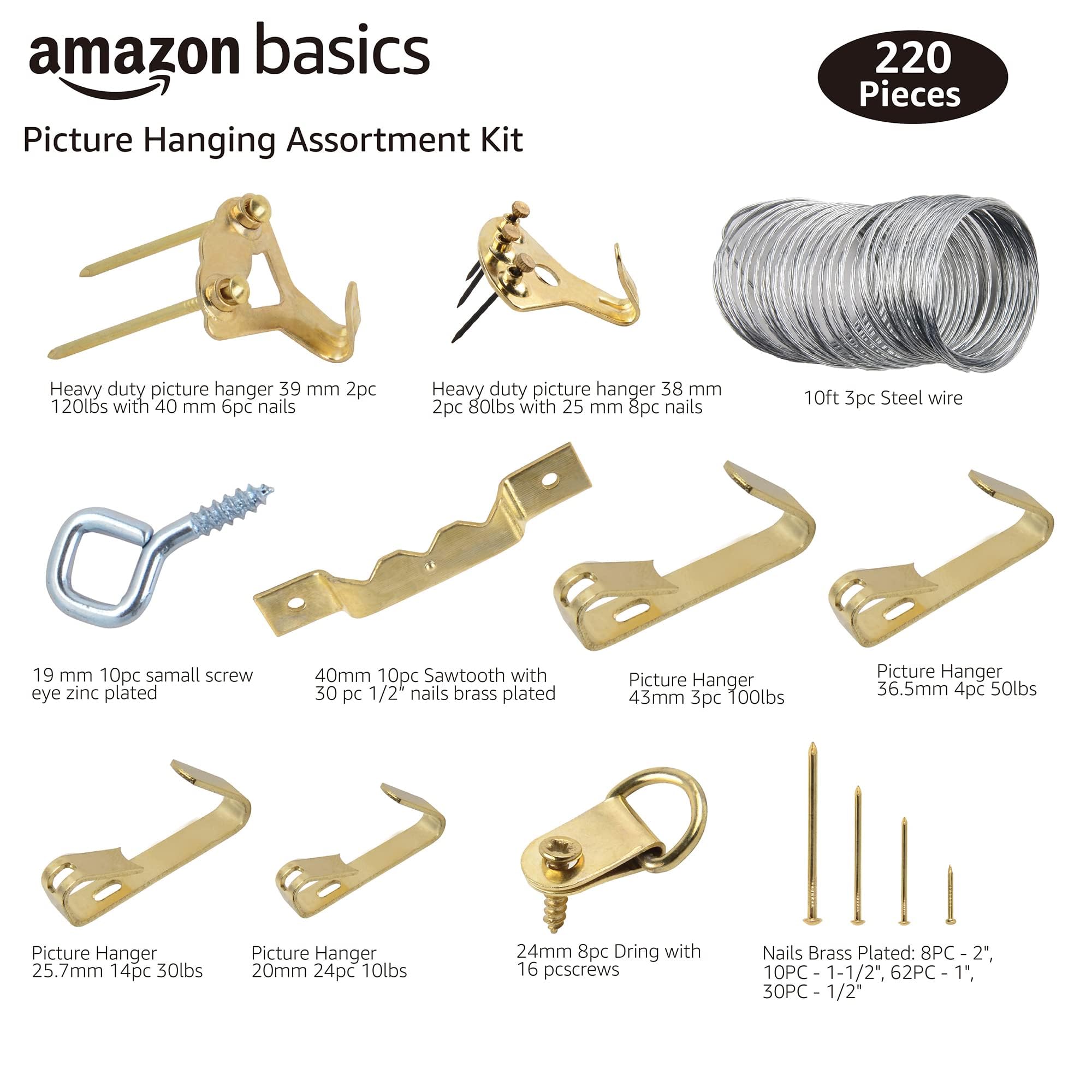 Amazon Basics Picture Hanging Hardware Assortment Kit, 220 Piece Set, Brass