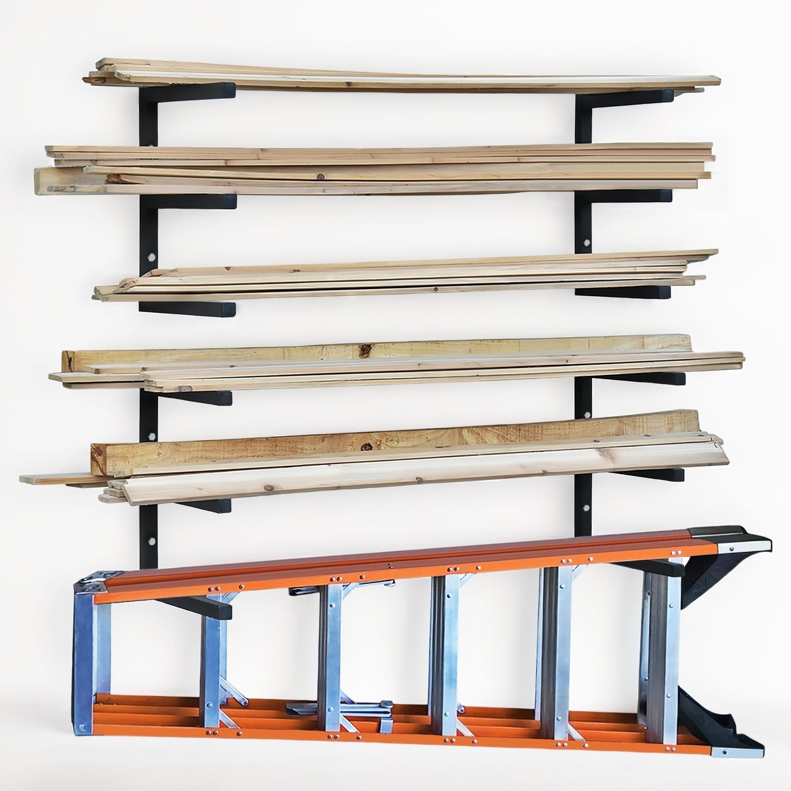 Photo 1 of Lumber Rack Wood Storage Racks with 3 Level, Garage Wood Organizer Lumber Storage Rack, Workshop Organizers and Storage Wood Wall Shelving Wall Mounted, Lumber Metal Racks for Indoor (Black-4 Pack)