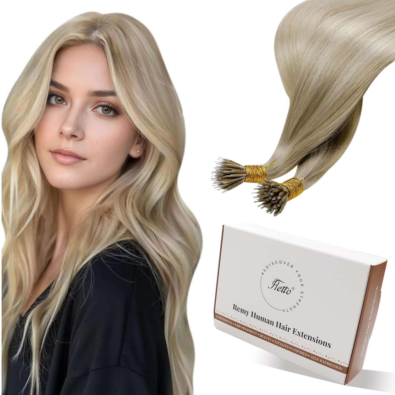 Hetto Nano Hair Extensions Real Human Hair Light Blonde Highlights 22 Inch - Invisible Nano Beads Hair Extension, Nano Rings Human Hair Straight for Women Daily Styling 50 g 50 strands #17/23