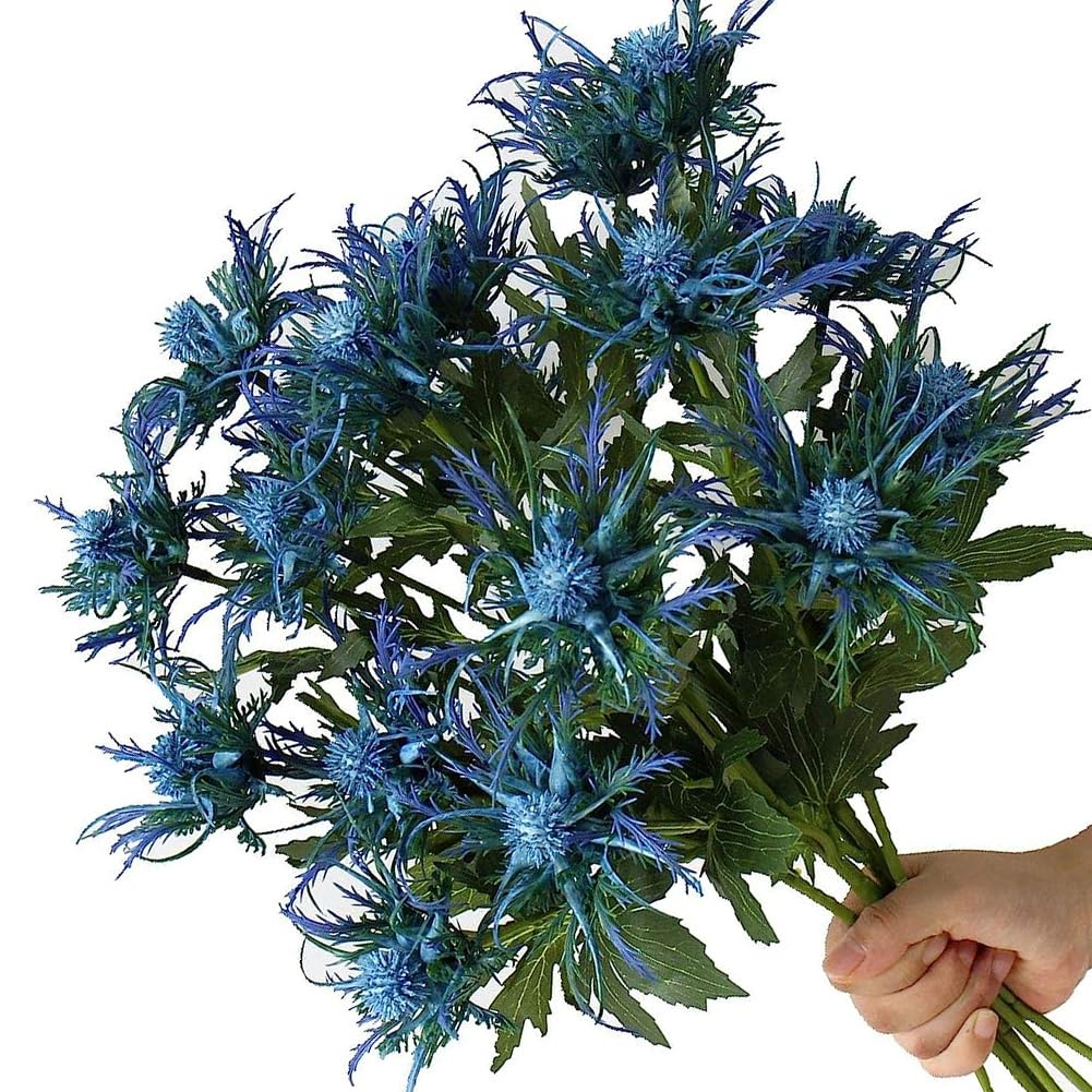 Photo 1 of Fermus 8 Stems Artificial Thistle Flowers 8 Branch Real Touch Blue Thistle Decor 26 Inch Real Size Rustic Spray Eryngium Sea Holly for Wedding Bouquet Centerpiece