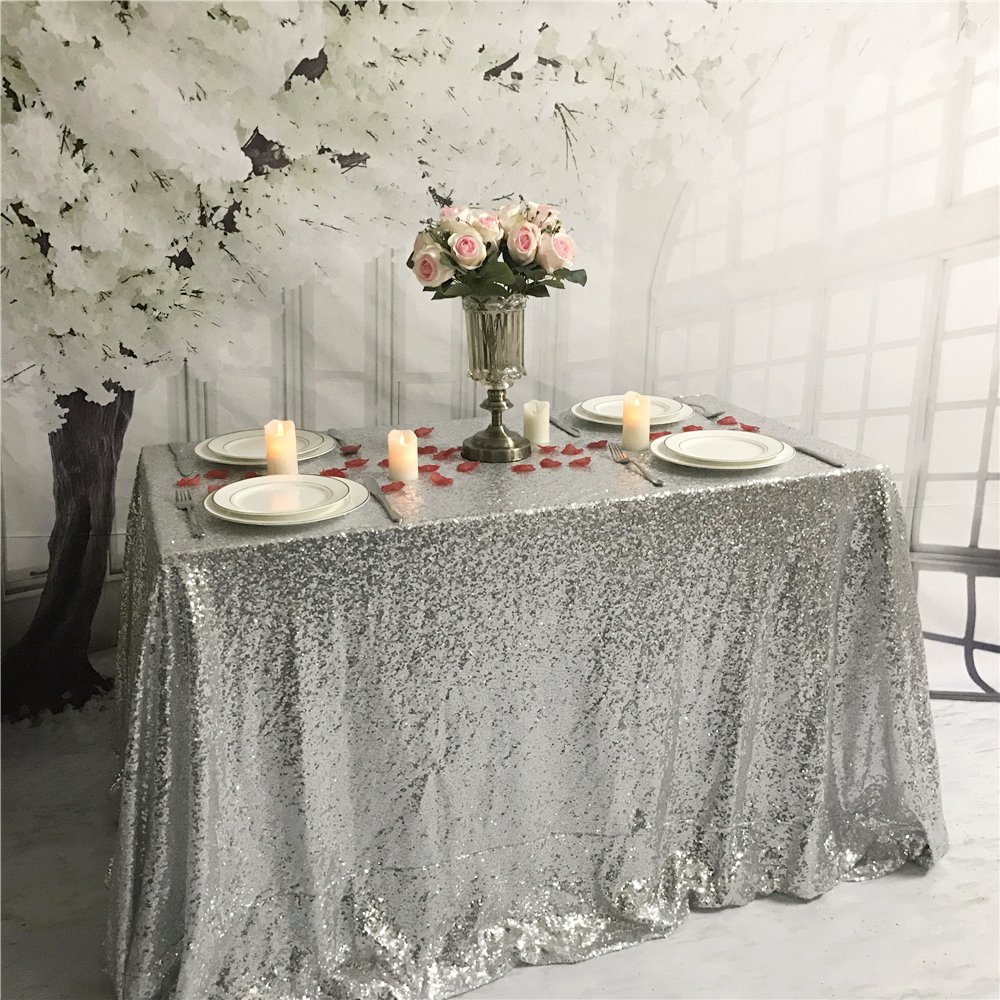 YZEO Silver 50-Inch by 72-Inch Rectangular Sequin Tablecloth Party Festive Wedding Sparkly Table Cover