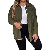 winkbay Women's Plus Size Button Down Shirts Fall Collared Long Sleeve Dressy Casual Blouses Shacket with Pocket