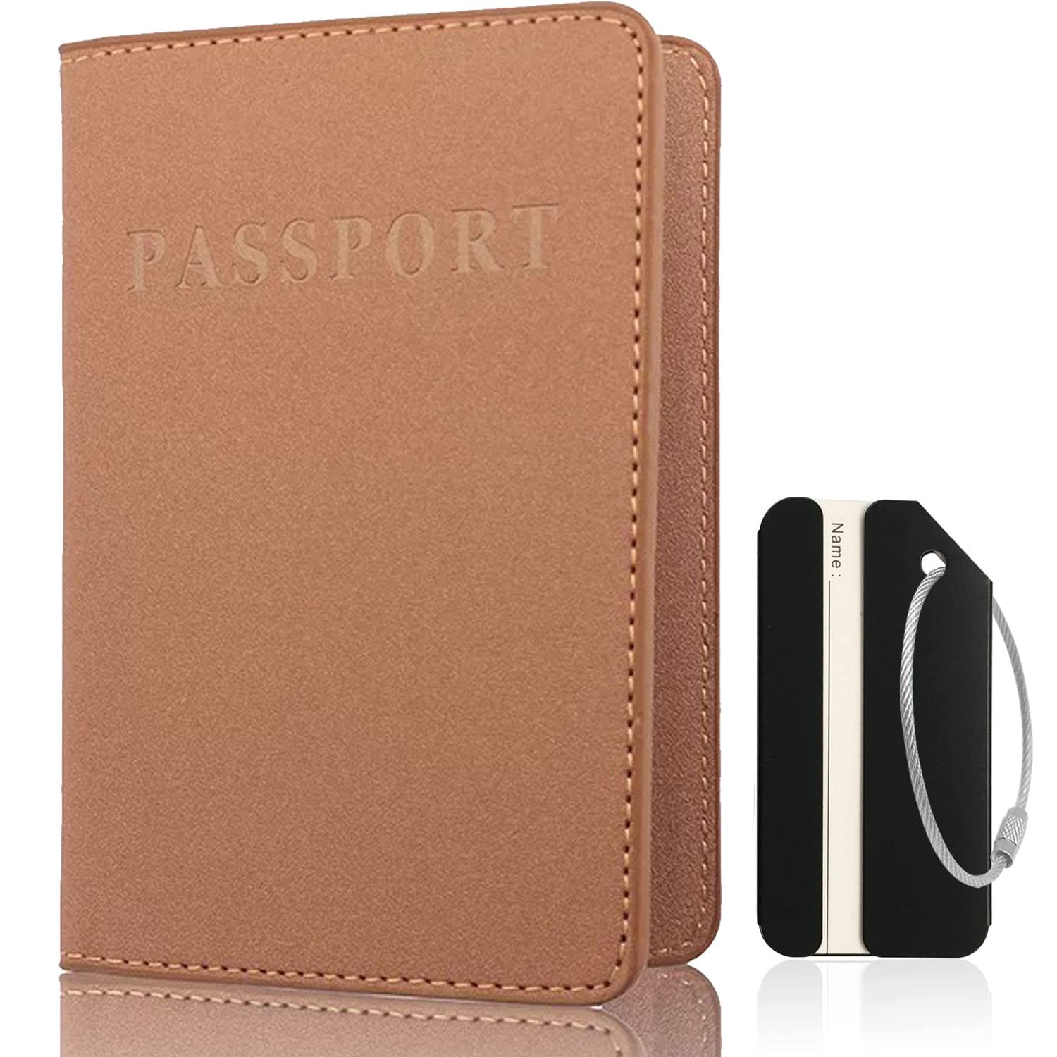Veyarien Passport Holder Cover, Travel Passport Holder Protector with Luggage Tag, PU Leather Travel Wallet Case Organiser for Passport, Business Cards, Credit Cards, Boarding Passes (Brown)