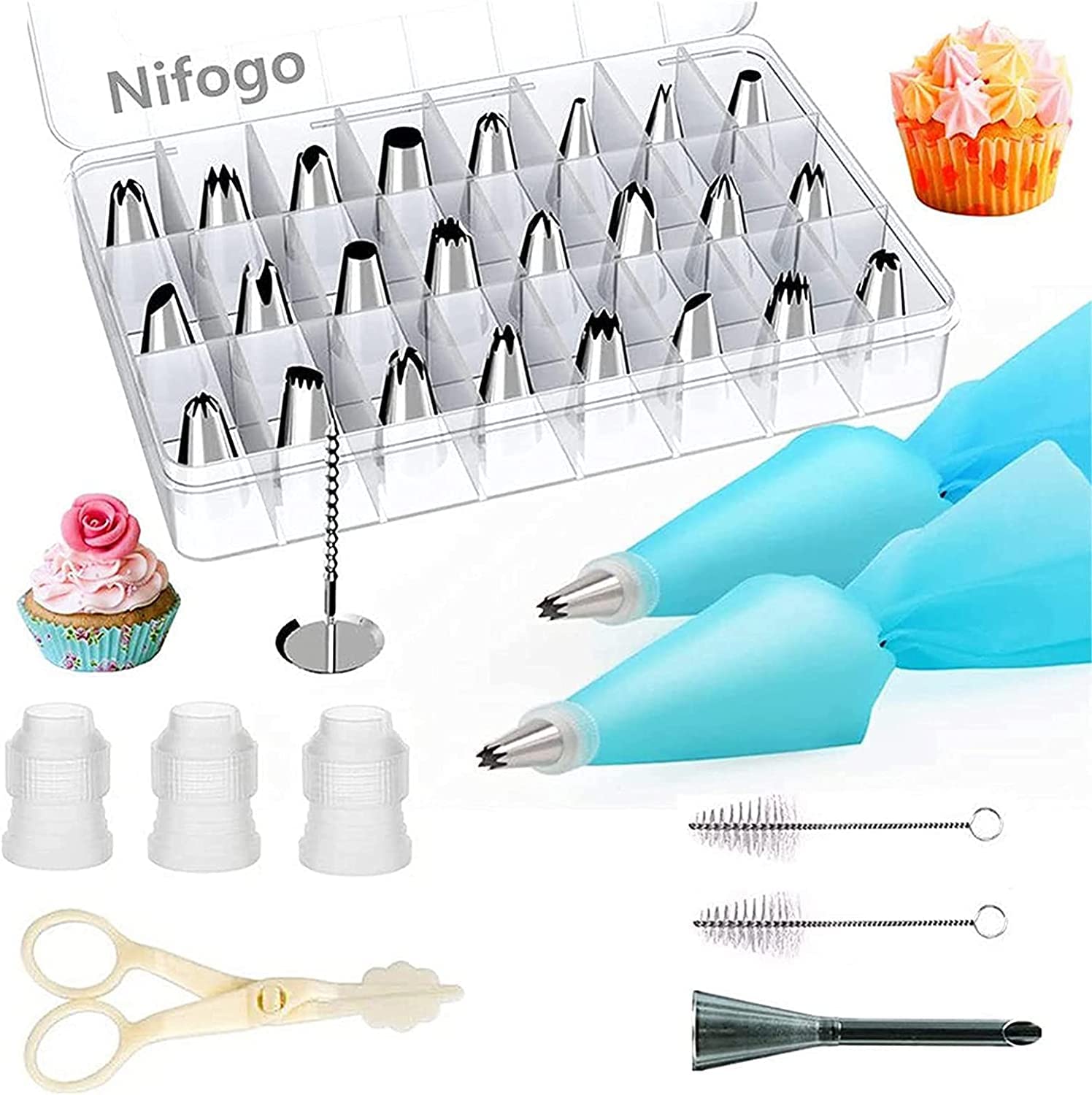 Including 24+1 Stainless Steel Nozzles, 2 Reusable Piping Bags and Other Cake Tools, for Cupcake Decorating Cookies Pastry Making Tool (34 Pcs DIY Set)