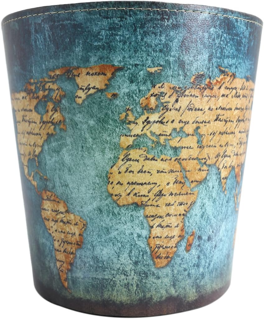 XSHION Vintage Wastebasket, Trash Can Garbage Can Without Lid PU Leather Recycling Bin Deskside Wastebasket for Living Room Bedroom 10 L /2.6 Gallon -Map