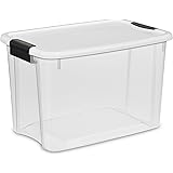 Sterilite 19859806 30 Quart/28 Liter Ultra Latch Box, Clear with a White Lid and Black Latches, 6-Pack