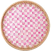 Tynulox Round Rattan Tray with Mother of Pearl Inlay, Rattan Serving Tray for Coffee, Bread, Fruits, Decorative Wicker Tray for Table Decor, Home Decor, Kitchen Island Decor(Pink Checkerboard, 11.8")
