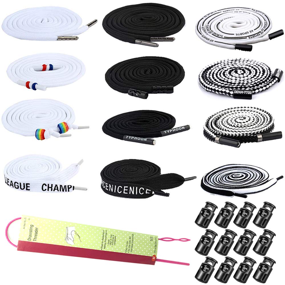 CKANDAY 12 Pack Replacement Drawstrings, with 12 Pcs Plastic Cord Locks for Sweatpants Shorts Hoodies & Flexible Threader Universal Drawstrings for Jackets Swim Trunks Shoe Laces Tote Bags 51" Long