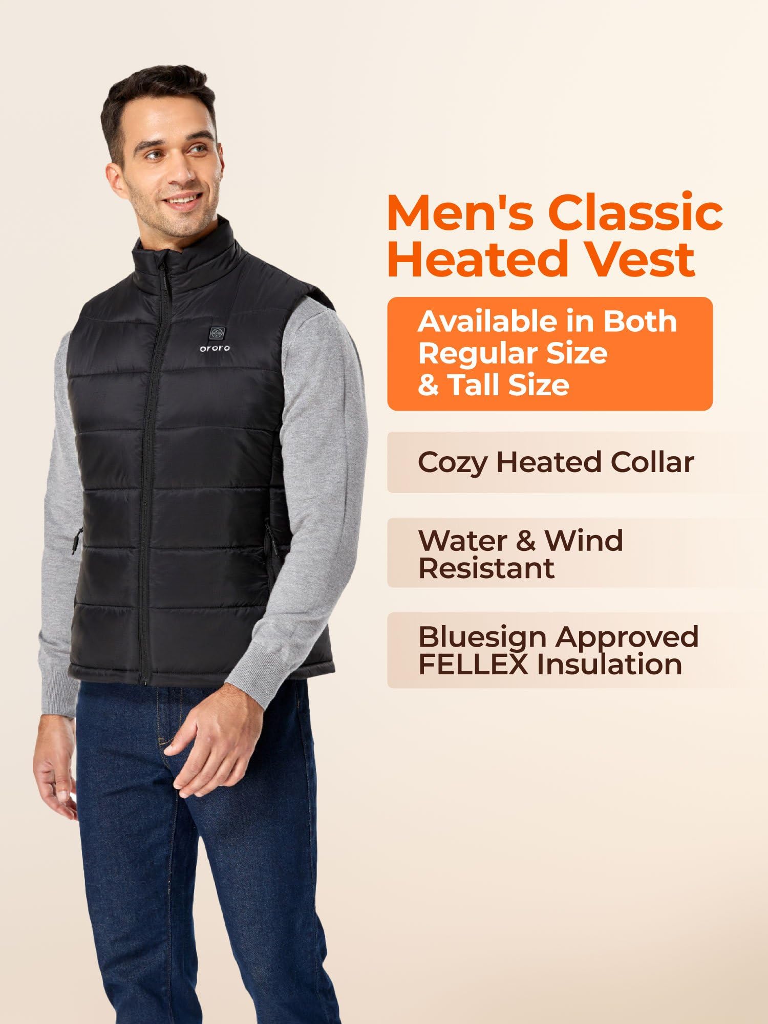ORORO Men's Lightweight Heated Vest with USB-C Rechargeable Battery, Puffer Classic Heating Vest