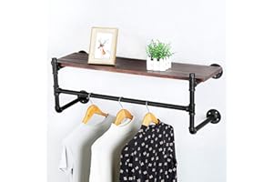 JIANZHUO Industrial Pipe Clothing Rack Wall Mounted with Wood Shelf,Rustic Retail Garment Rack Display Rack Cloths Rack,Pipe Shelving Floating Shelves