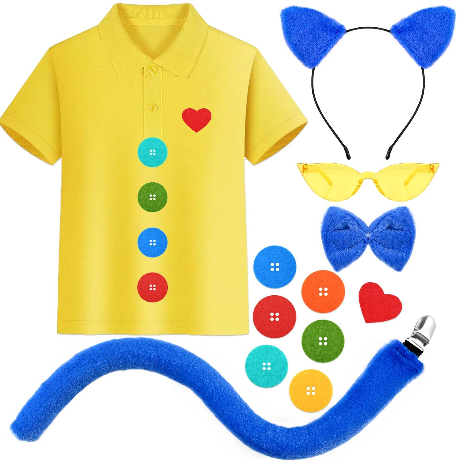 Photo 1 of **MINOR STAIN ON TOP** Blue Cat Costume Set Including Cat Ears Headband Yellow T-Shirt Glasses for World Book Day Cosplay Party Supplies (5-6Years Old)