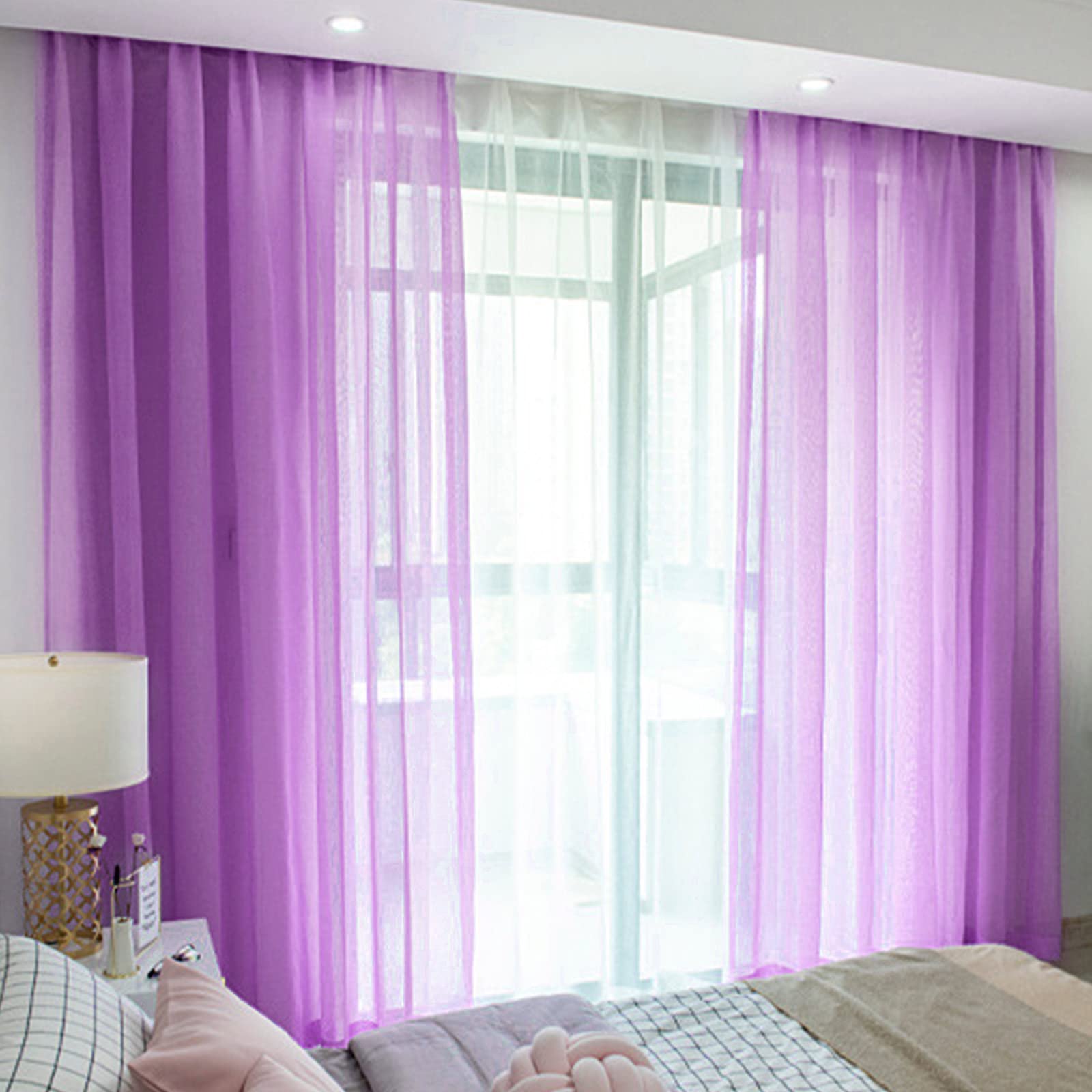 Topker Voile Sheer Curtains Panels Window Curtains 1 Panel Solid Color Voile Door Curtains 100*200cm Deep Purple