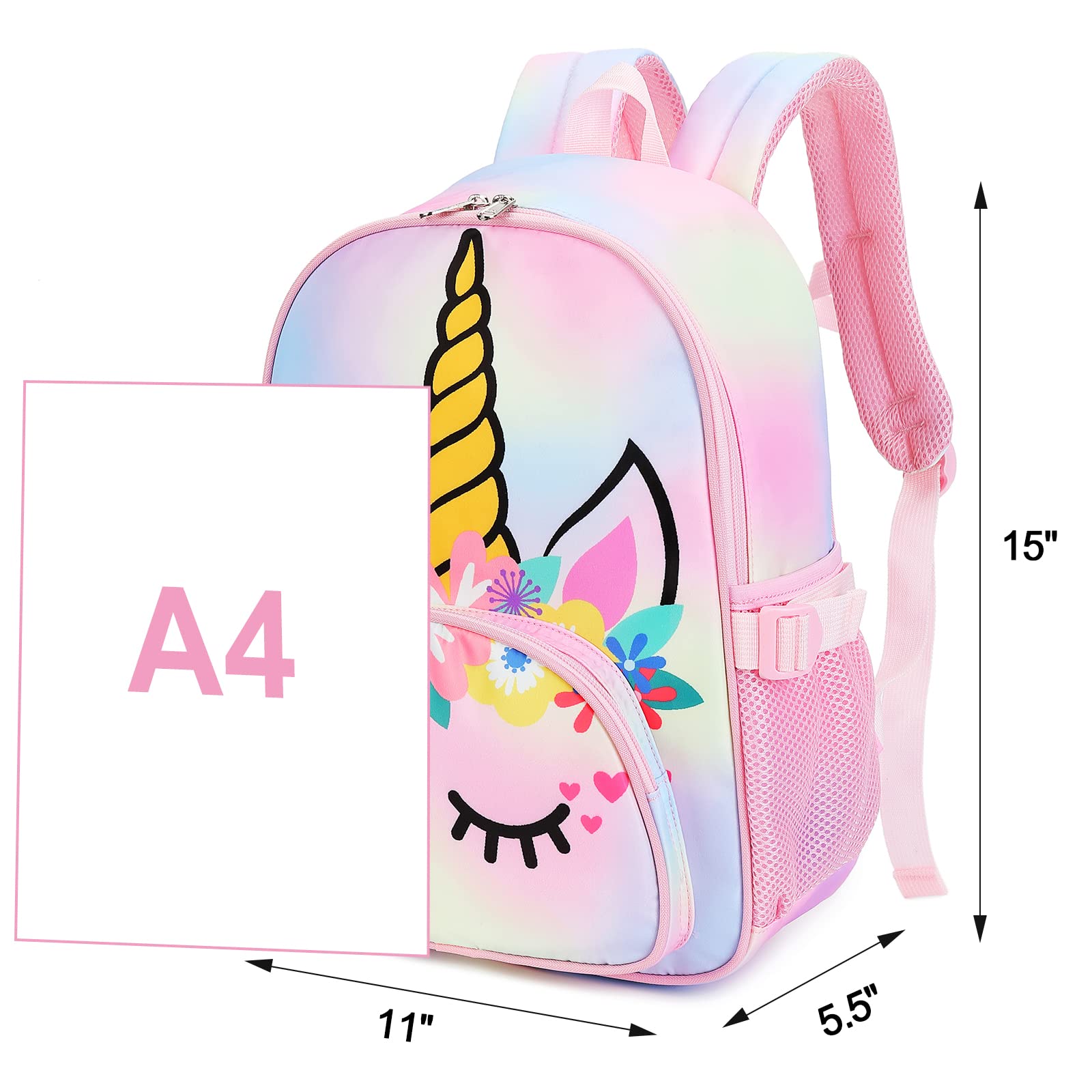Kids Backpack Girls School Backpack Preschool Kindergarten Unicorn Toddler BookBag with Chest Clip (Tie Dye headband)