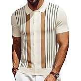Les umes Men's Knit Polo Shirts Short Sleeve Button Down Shirts Striped Summer Beach Casual Shirt