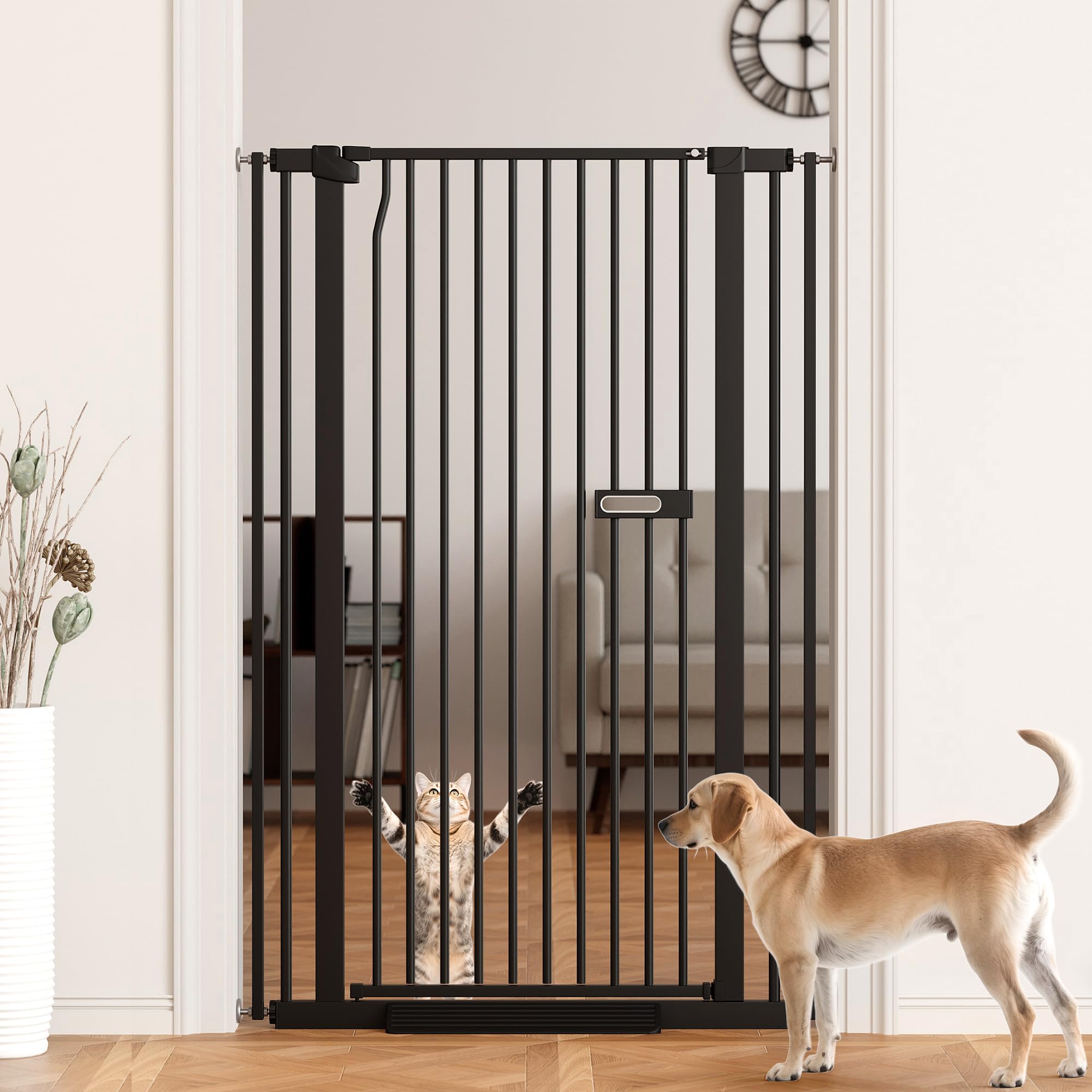 Photo 1 of LuxTrsde 61" Extra Tall Dog Gate Indoor for Doorways, 30.1-33.8" Wide Auto Close Cat Pet Gate Indoor for Stairs, No Drilling High Pressure Mounted for Hallways/Kitchen, Narrow Bar Spacing, Black