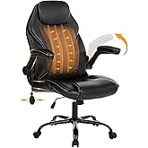 Office Desk Chair, Ergonomic Computer Chair with Padded Flip-Up Arms and Adjustable Lumbar Support, PU Leather Executive Chair with Tilt Lock and 360° Swivel Rolling Wheels for Work, Study