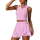 2 Piece Tennis Dress for Women Pleated Tennis Skirt Sleeveless Racerback Padded Crop Top Golf Workout Outfits