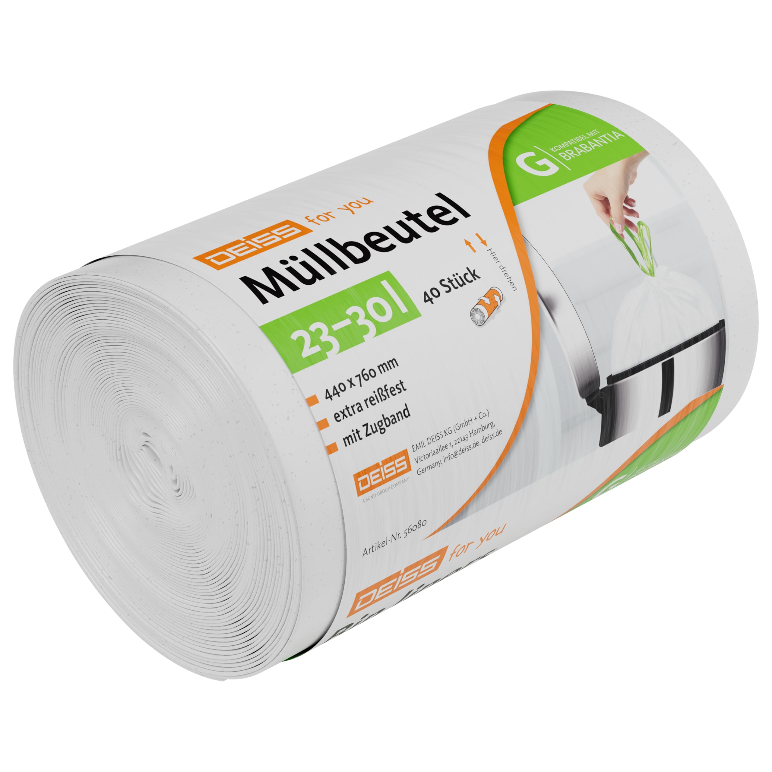 DEISS Bin Liners 23-30 Litre for Brabantia Touch Bin (Size G), Pack of 40.