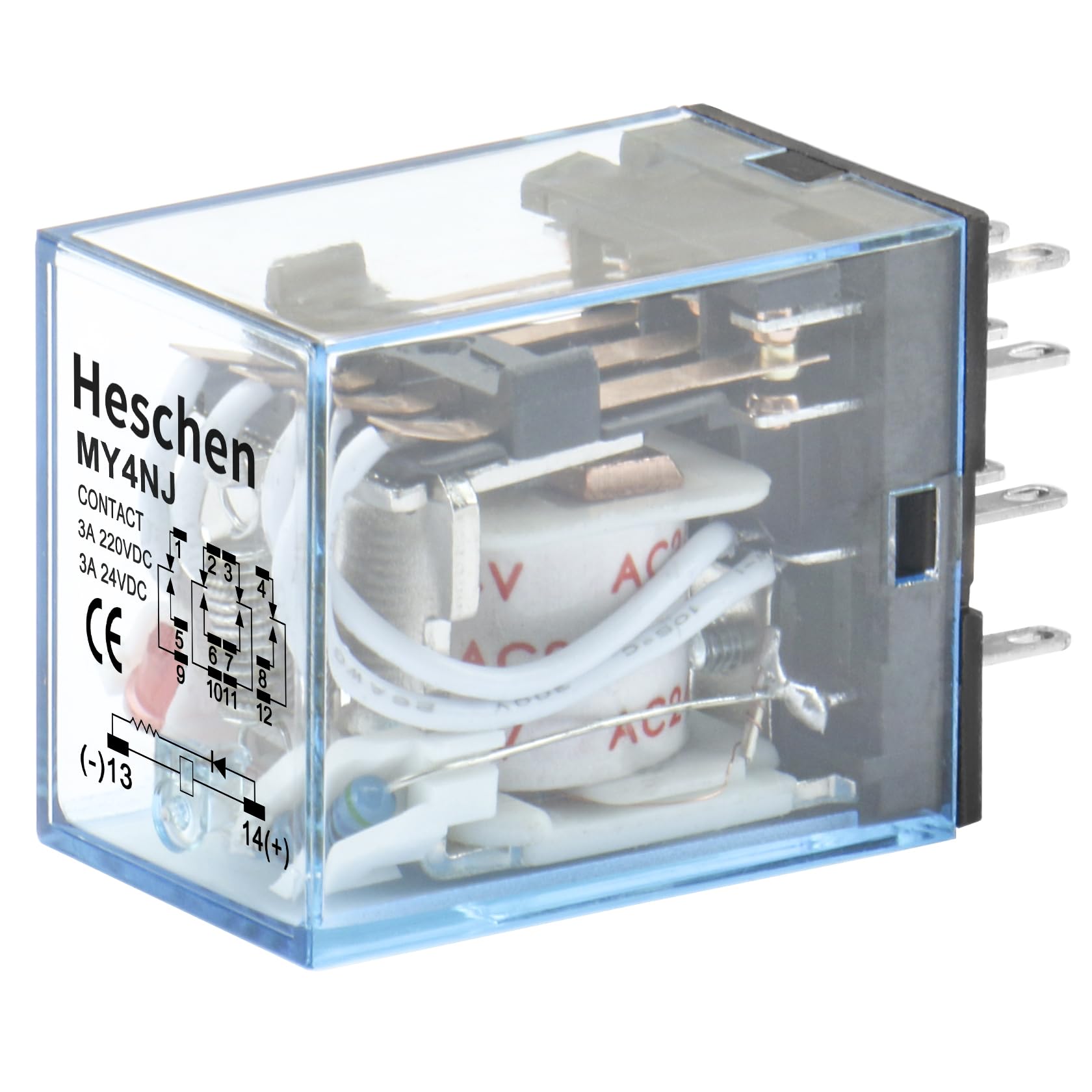 Heschen Gereral Purpose Power Relay MY4NJ 24 VAC Coil 3A 240VAC/24VDC 4PDT LED Indicator 14 Pin terminals