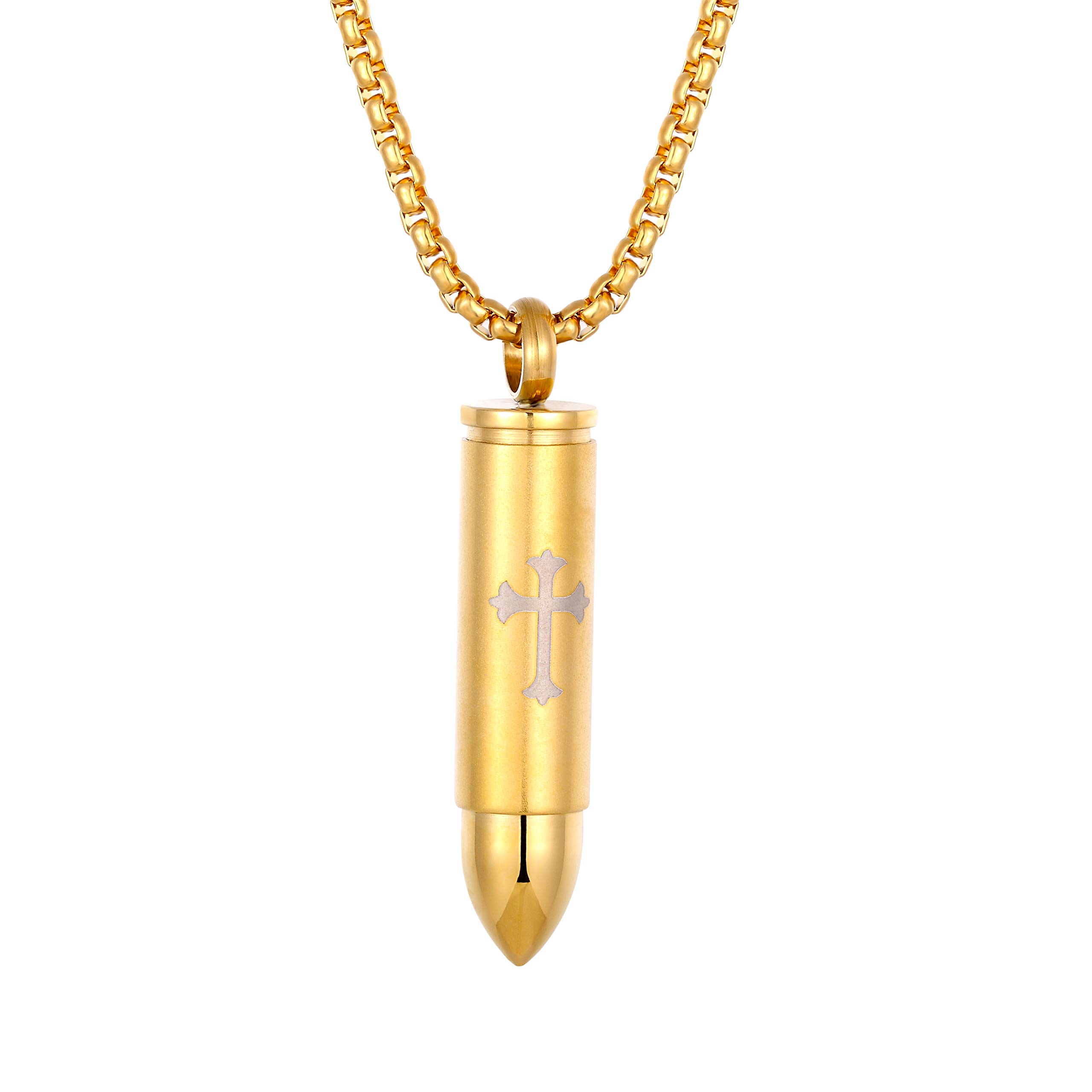 Striking Men’s Bullet Locket Necklace – Detailed with The Lord’s Cross in a Polished Gold, Silver or Black Finish – Rust & Discoloration Resistant Stainless Steel Pendant and Chain, Metal