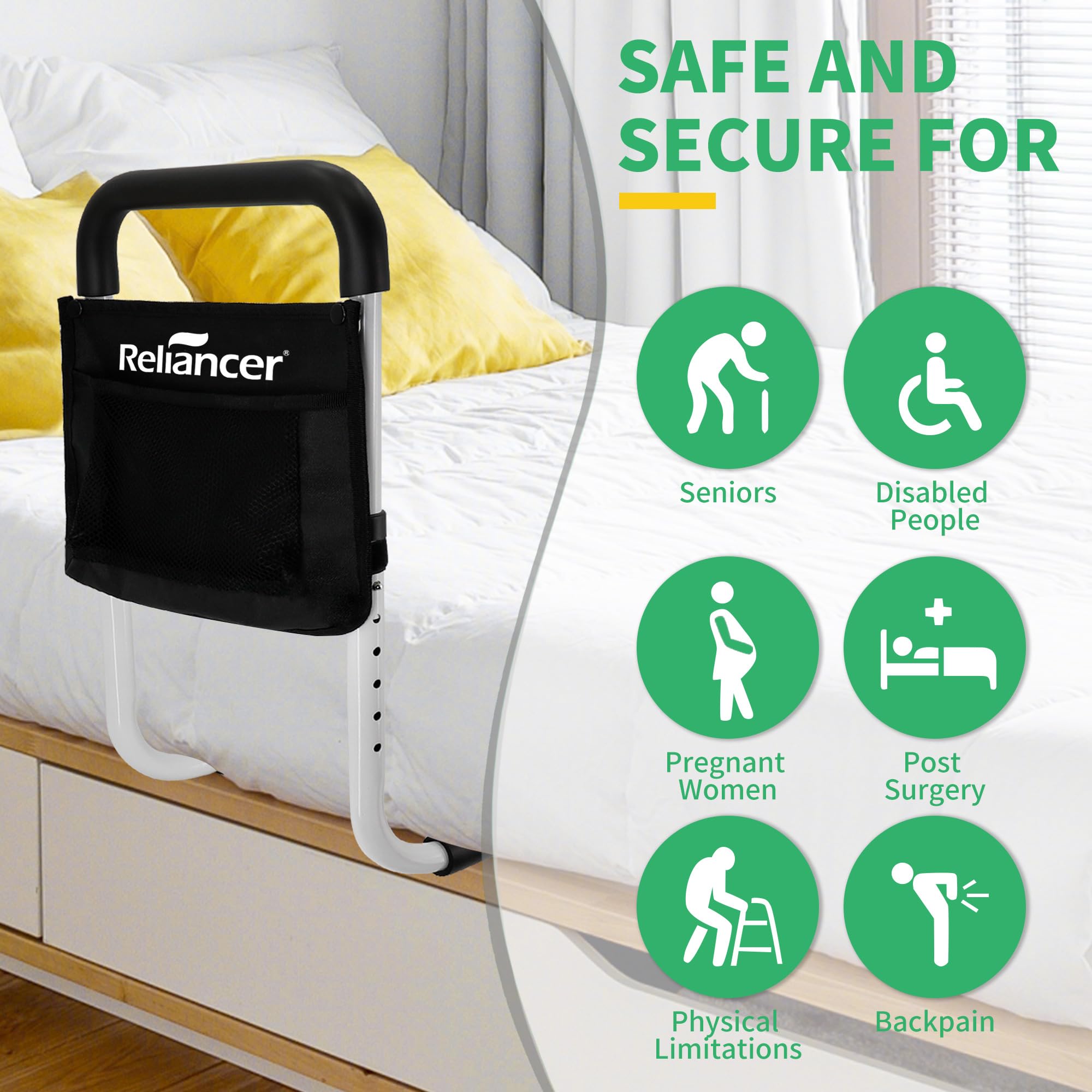 RELIANCER Bed Safety Rail for Elderly Adult,Adjustable Bedside Assist Grab Bar w/Storage Pocket,Bed Side Support Railing for Seniors,Fall Prevent Bedside Handle Bar,Bedside Assist Guard Rails Bed Cane