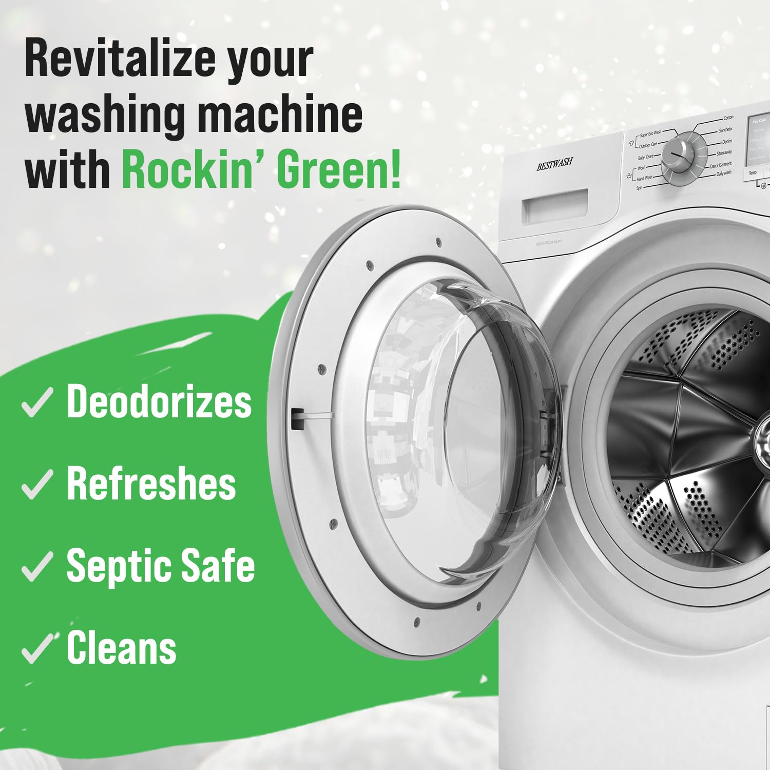 Rockin' Green Deep Cleaning and Deodorizing Tablets for Dishwashers, Washing Machines, and Garbage Disposals, Removes Odor and Residue (Washing Machine Cleaning Tablets, 8 Pack)