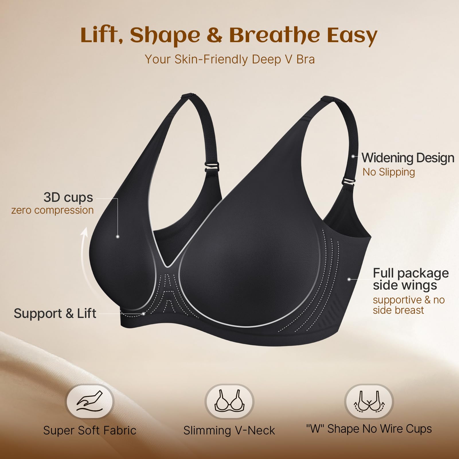 PQK Wireless Bras for Women Deep V Supportive Bras Flexible Soft Bralette Seamless T Shirt Bras No Underwire (Size S Black)